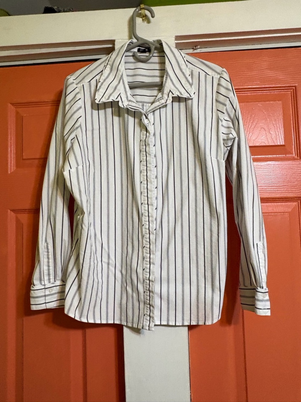 Express White Button-Up Shirt with Black Pinstripes